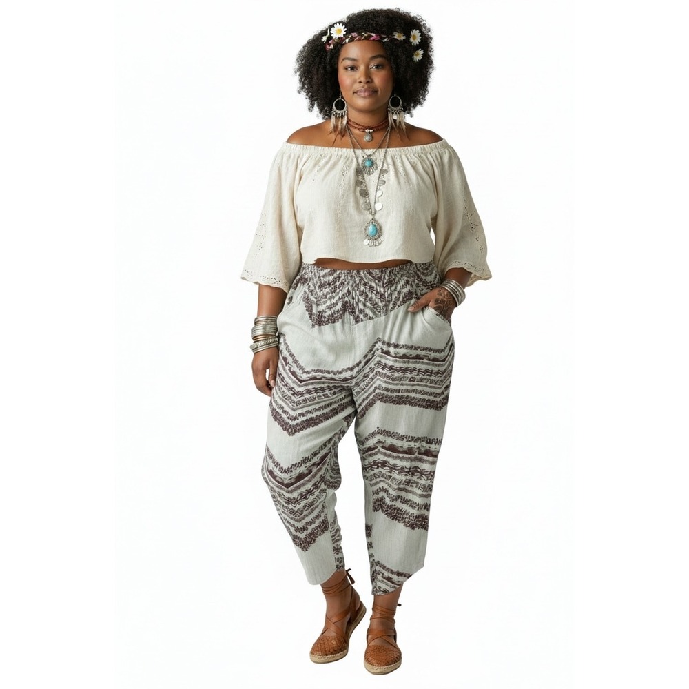 Free People Harem Pants Womens M Beige Burgundy Excellent Boho Chevron Pockets